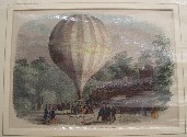 1878: engraving of a balloon ascent at Vauxhall Gardens in 1849